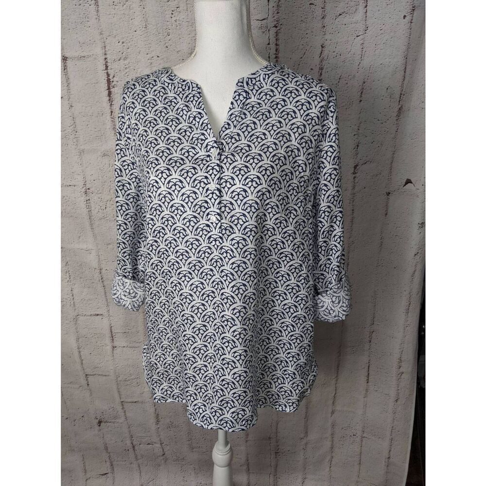 Talbots White Blue Linen Half-Button Long Sleeve‎ Blouse Shirt Top Sz M Medium